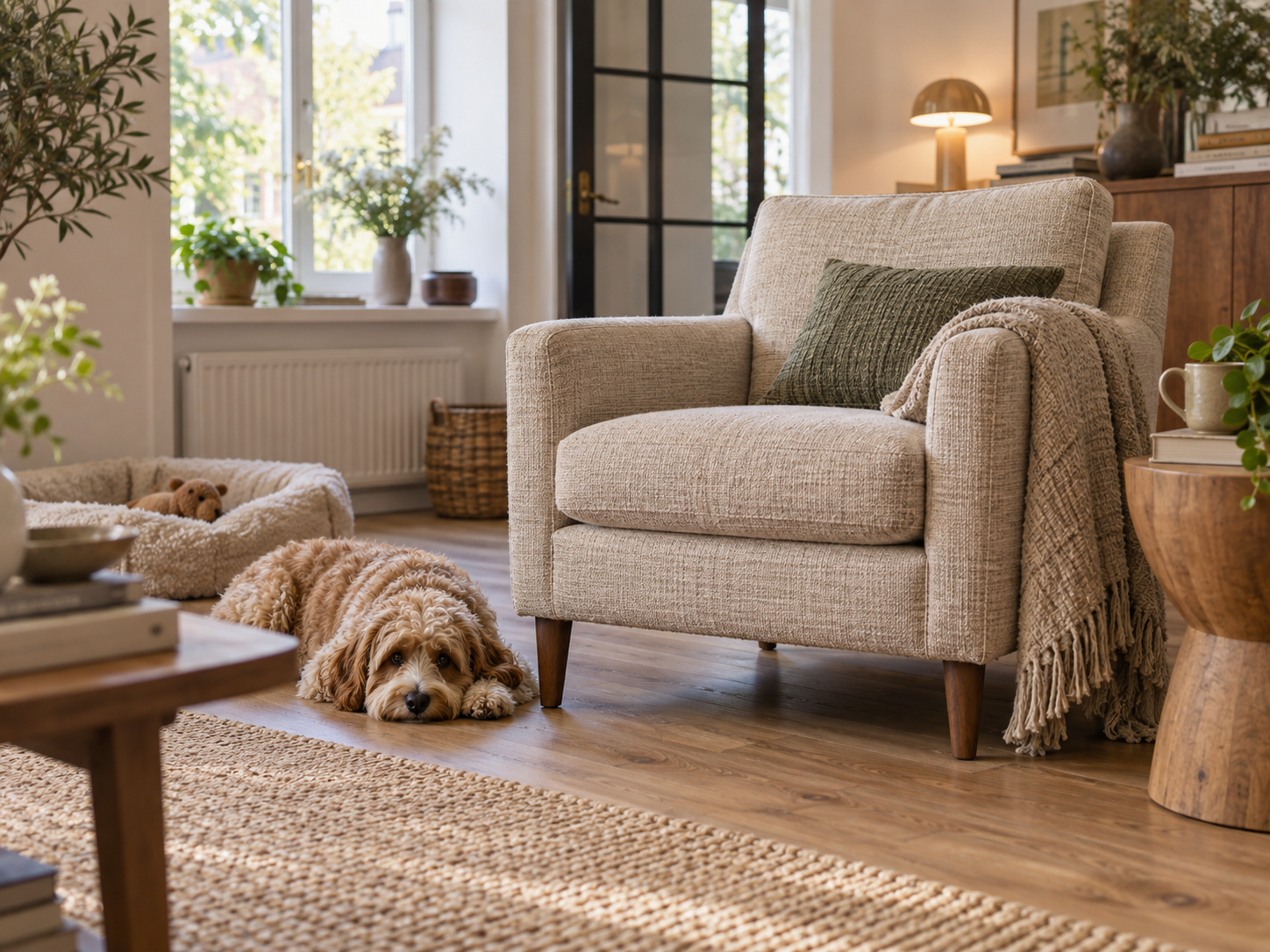 Stoffen fauteuil in een lichte woonkamer met een hond
