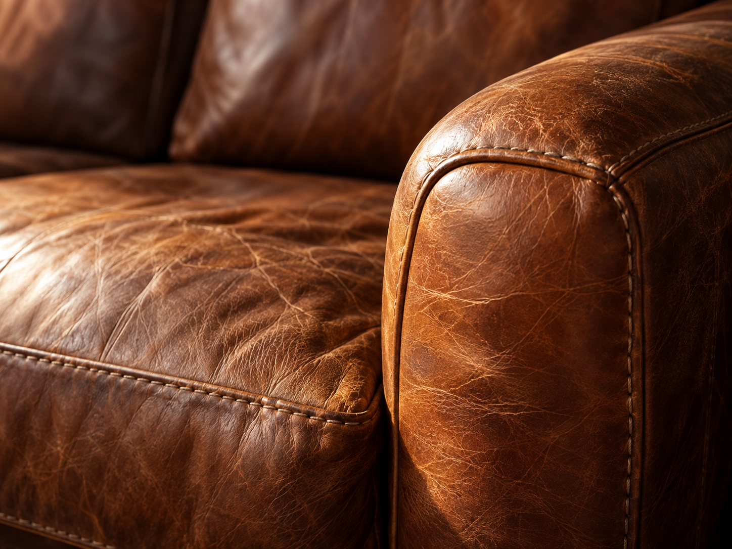 Close-up van natuurlijk verouderd cognackleurig leer